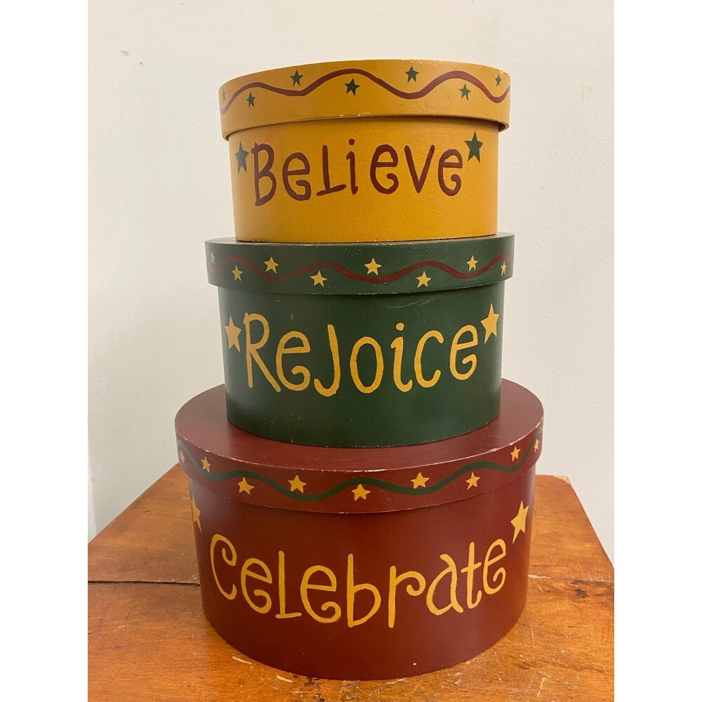 Primitive Oval wooden nesting boxes painted Believe, Rejoice & Celebrate